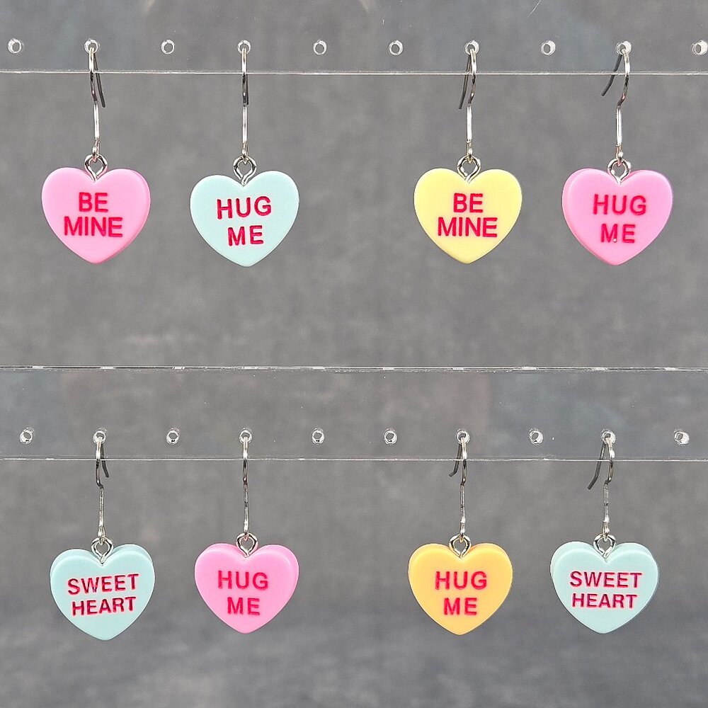 Candy Heart Valentine's Day Dangle Earrings - Be Mine - Hug Me - Sweet Heart